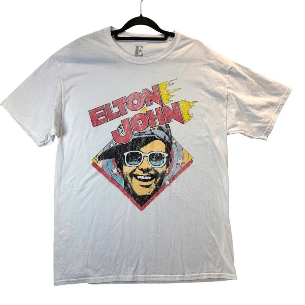Elton John Graphic T Shirt Mens Large White Distressed Print 2022 Rock